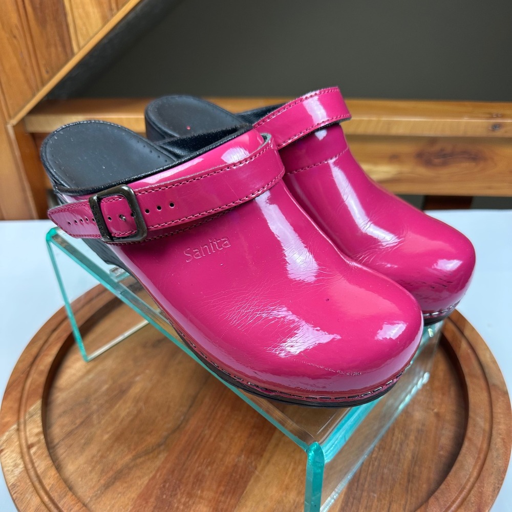 Sanita Hot Pink Patent Leather Buckle Clogs Professional Mules Women Size 40